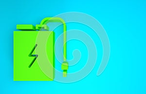 Green Power bank with different charge cable icon isolated on blue background. Portable charging device. Minimalism