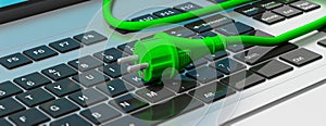 Green power plug on computer keyboard. 3d illustration