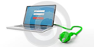 Green power plug on computer laptop isolated on white background. 3d illustration