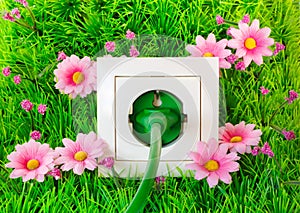 Green power plug into outlet on the grass