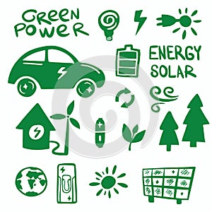 Green power and solar energy sticker hand drawn icon set, Flat vector illustration.Renewable resources.Ecology.Nature road electro