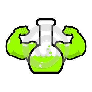 Green powerful mutagen. Strong chemical flask. Beaker with muscles. Liquid anabolics with big hands. fluid Steroids for photo