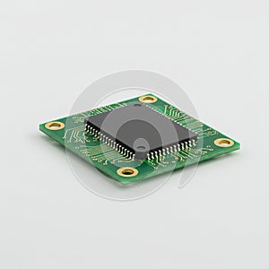 A green printed circuit board (PCB) featuring a black integrated circuit (IC) chip in the