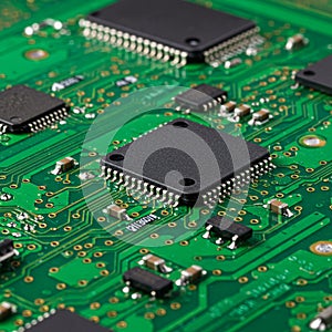 Green printed circuit board (PCB) featuring multiple black microchips with metallic pins