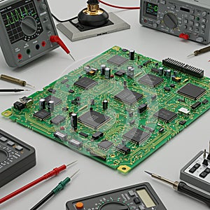 A green printed circuit board (PCB) with various microchips, capacitors, and resistors
