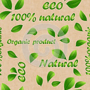 Green product shop tags, vegetarian Pattern for banners and posters. template.Green leaves and inscriptions. Seamless texture.