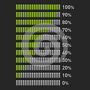 Green Progress Bar Set on Dark Background. Vector