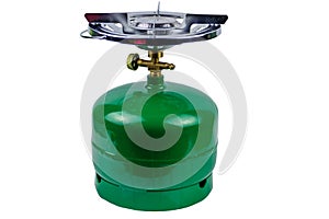 Green propane gas cylinder with burner isolated on white background