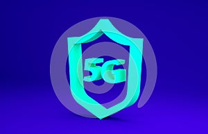 Green Protective shield 5G wireless internet wifi icon isolated on blue background. Global network high speed connection