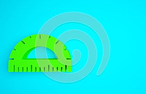 Green Protractor grid for measuring degrees icon isolated on blue background. Tilt angle meter. Measuring tool