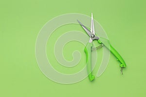 A green pruner for pruning plants on a green background
