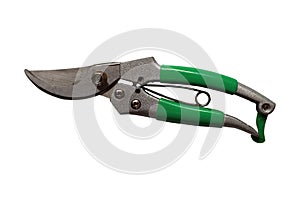 Green pruning shears in the garden isolated on white background. Clipping path