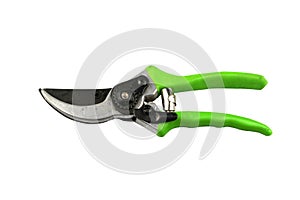 Green pruning shears for Gardening isolated on white background. Tool for Pruning and Cutting. Close up scissor