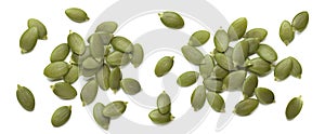 Green pumpkin seed set isolated on white background. Two piles of seeds