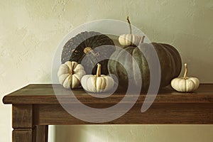 Green pumpkins and small gourds on table