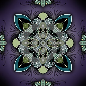 Green and purple mandala illustration with ornaments