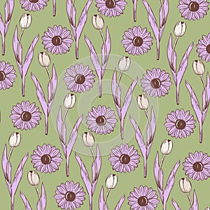 Green Purple Retro Y2K Funky Hippie Flower Pattern