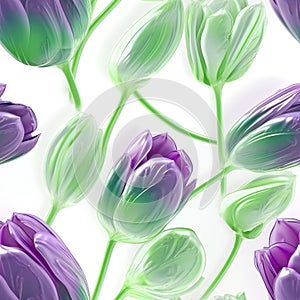 Green Purple Tulip Flowers Glitter White Background Tile Seamless Background. Generative AI