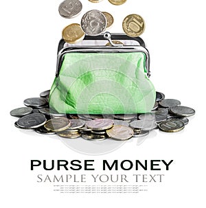 Green purse and coins isolated on white