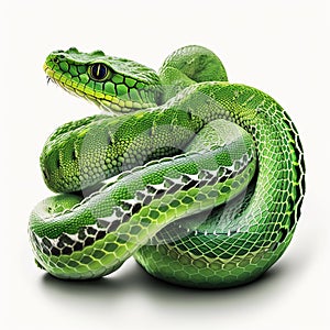 Green python snake isolated on white close-up,