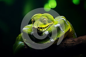 Green Python Snake Wild Animal Coiled Around His Body on Tree Branch in Forest Jungle