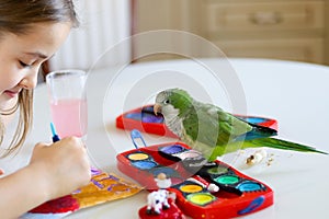 The green quaker parrot is posing on paints for a little girl