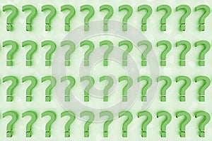 Green question marks on a background of white signs. 3D Rendering