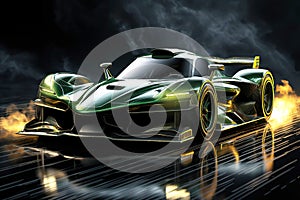 green racing car is moving fast on formula one track