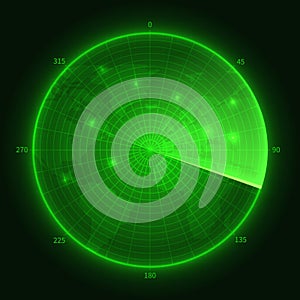 Green radar. Navy submarine sonar with aims. Navigation screen vector illustration