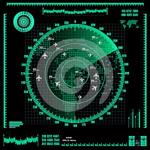 Green radar screen on black background, HUD interface