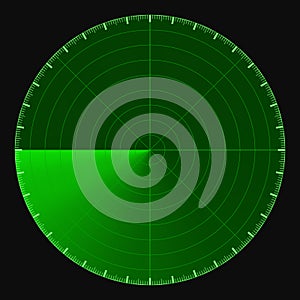Green radar screen, circular 360 degree scale, vector template active scanning radar sonar photo
