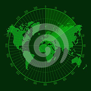 Green Radar Screen with Map. Vector