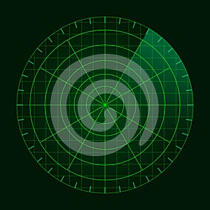 Green radar screen. Military air search system. Vector HUD radar display. Futuristic interface radio detection