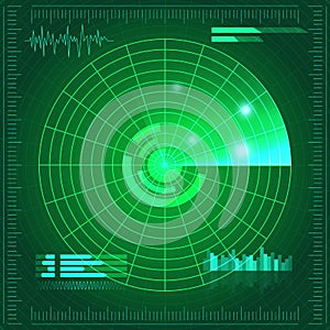 Green radar screen. Vector illustration for your design. Technology background. Futuristic user interface. HUD.