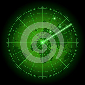 Green radar screen with world map. Background of air search system with blip. Vector.
