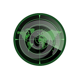 Green radar screen with world map. Radar isolated on white background.