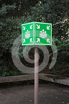 Green rallying sign in the middle of the image surrounded by vegetation.