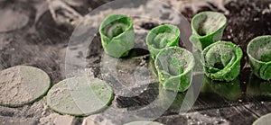 Green ravioli with ricotta cheese, spinach. Long banner format. top view