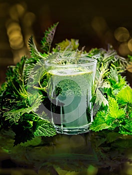 Green raw nettles and a smoothie made of nettles juice in  a glass