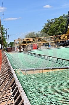 Green rebar in layers on a bridge building project