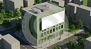 Green rectangular building with a large blank white billboard on the facade. It