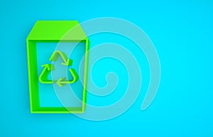 Green Recycle bin with recycle symbol icon isolated on blue background. Trash can icon. Garbage bin sign. Recycle basket