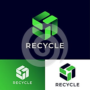 Green Recycle Box icon. Hexagon shape like green box. Symbol of cycle consists of green ribbons or paper strips.