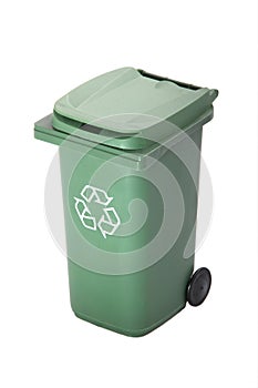 Green recycle rubbish or garbage bin with the recycle symbol on a white background