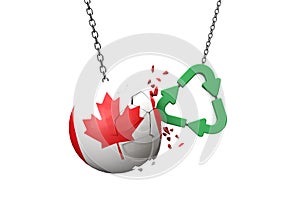 Green recycle symbol crashing into a Canada flag ball. 3D Rendering