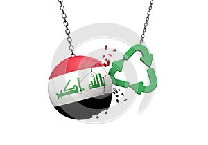 Green recycle symbol crashing into an Iran flag ball. 3D Rendering