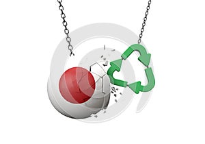 Green recycle symbol crashing into a Japan flag ball. 3D Rendering
