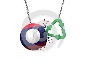 Green recycle symbol crashing into a Laos flag ball. 3D Rendering