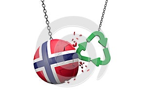 Green recycle symbol crashing into a Norway flag ball. 3D Rendering