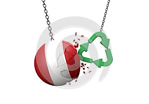 Green recycle symbol crashing into a Peru flag ball. 3D Rendering